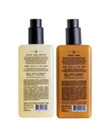 Back of the bottles of the Reuben and the Desert body wash and body cream duo