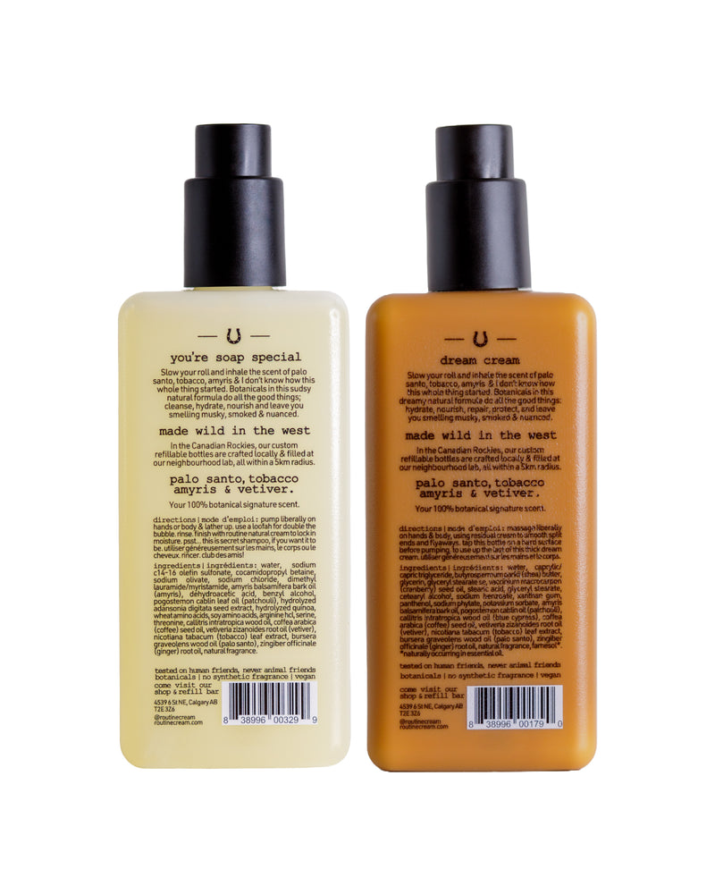 Back of the bottles of the Reuben and the Desert body wash and body cream duo
