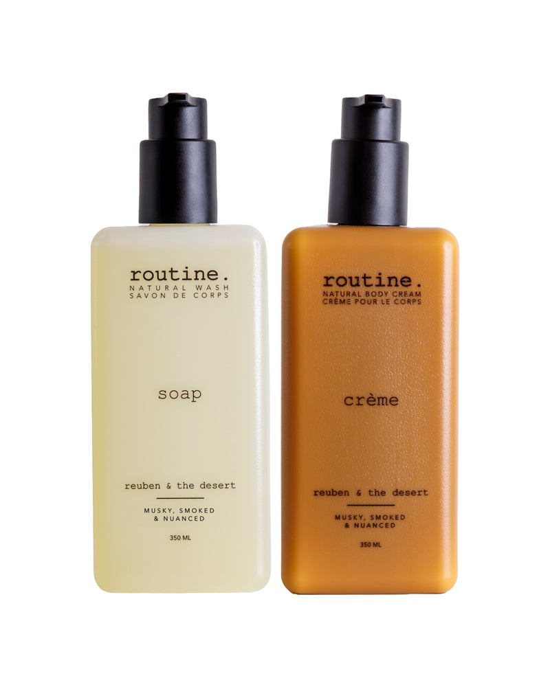 Reuben and the Desert, hand and body wash and body cream duo on a white background